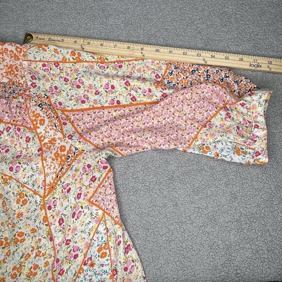 Rose+Olive Top 1X Patchwork Print Orange Pink Floral Boho Smocking Drape Light - Picture 11 of 14